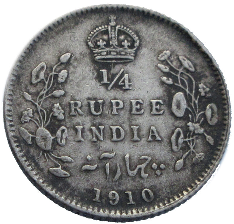 1910 1/4 Rupee King Edward VII Silver Coin