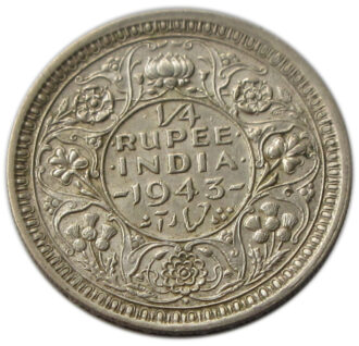 1943 Quarter Rupee King George VI Bombay Mint