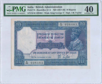Ten Rupee Banknote of King George V Signed by  J B Taylor Year 1917-30 Prefix K