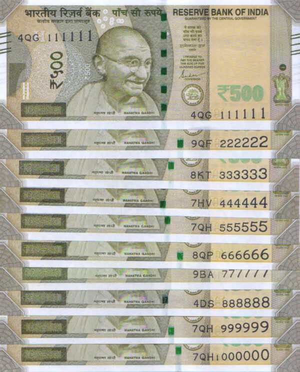 Rs 500 Solid Fancy Number set of 10 notes from 111111-999999 & 1 million note