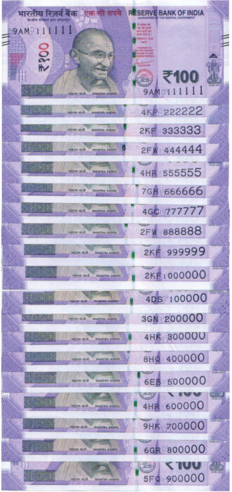 Rs 100 Fancy Number set of 19 notes from 111111-1000000 & 100000-900000 - Gem 💎 UNC