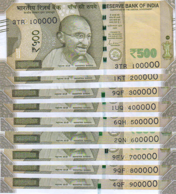 Rs 500 Super Fancy Number set of 9 notes from 100000-900000 - Gem UNC