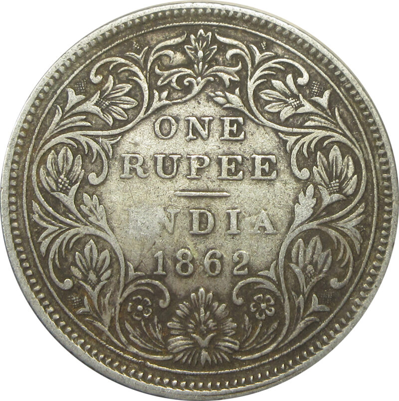 1862 One Rupee Queen Victoria Madras Mint Non-Dotted Series | Elongated pearls