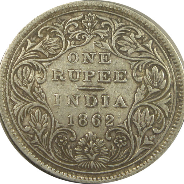 1862 One Rupee Queen Victoria Madras Mint Non-Dotted Series | Elongated pearls | GK 264