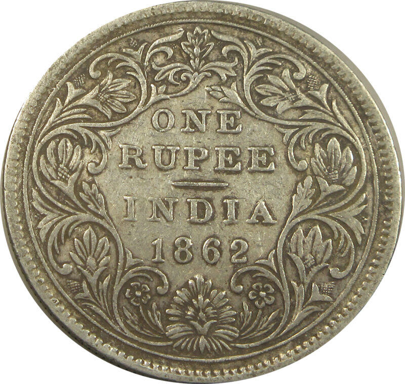 1862 One Rupee Queen Victoria Madras Mint Non-Dotted Series | Elongated pearls | GK 264