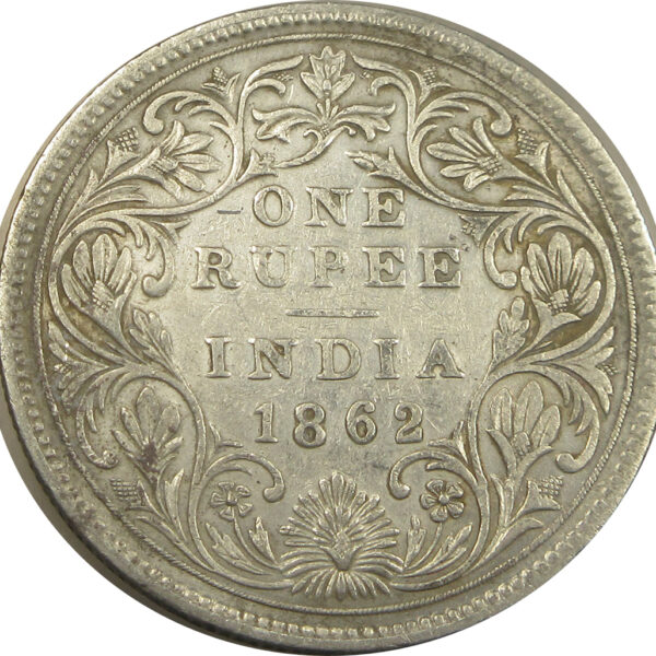 1862 One Rupee Queen Victoria Calcutta Mint Non-Dotted Series GK 247 | 3 Pineapples Variety