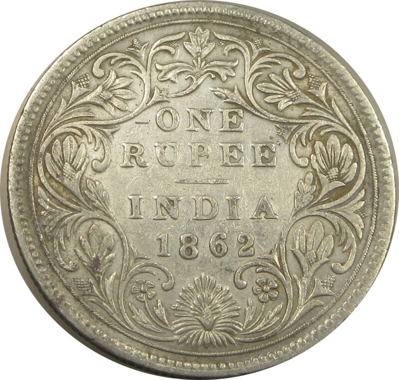 1862 One Rupee Queen Victoria Calcutta Mint Non-Dotted Series GK 247 | 3 Pineapples Variety