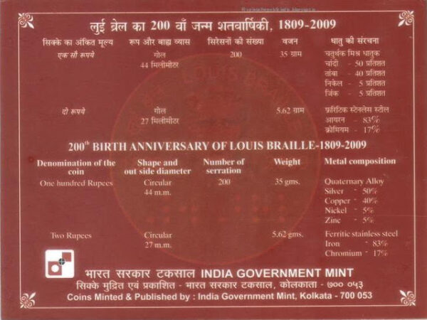 2009 - 200th Birth Anniversary of Louise Braille - UNC Set 1809 - 2009 - Image 6