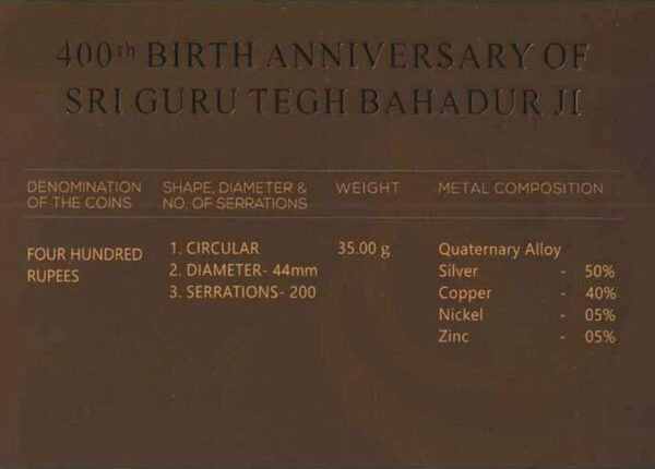 400th Birth Anniversary Of Sri Guru Tegh Bahadur Ji Mumbai Mint Proof Set 2022 Silver 400 Rupees - Image 2