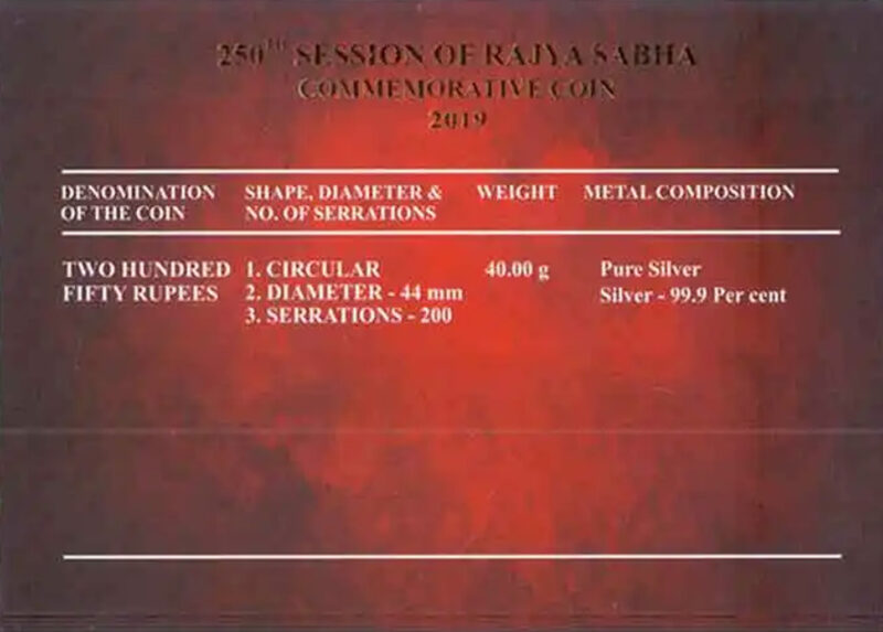 250th Session of Rajya Sabha Silver UNC Set 2019 Mumbai Mint Silver - Image 2