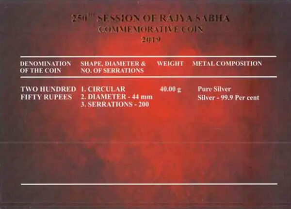 250th Session of Rajya Sabha Silver UNC Set 2019 Mumbai Mint Silver - Image 2