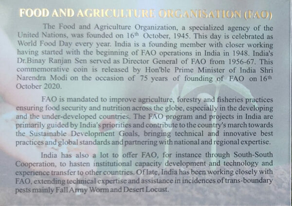 75th Anniversary of Food and Agriculture Organisation 2020 Mumbai Mint Proof Coin - Image 3